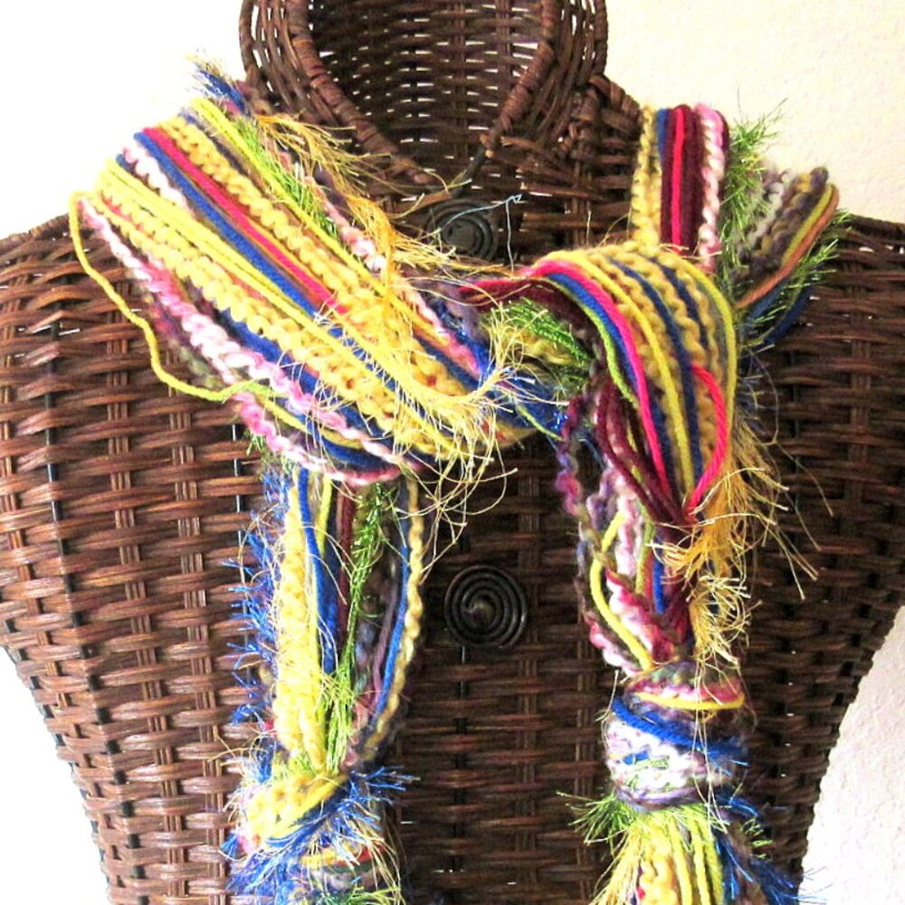 Bright Multi Colors String Scarf 63" Winter Yarn Wash Dry OOAK USA Handmade